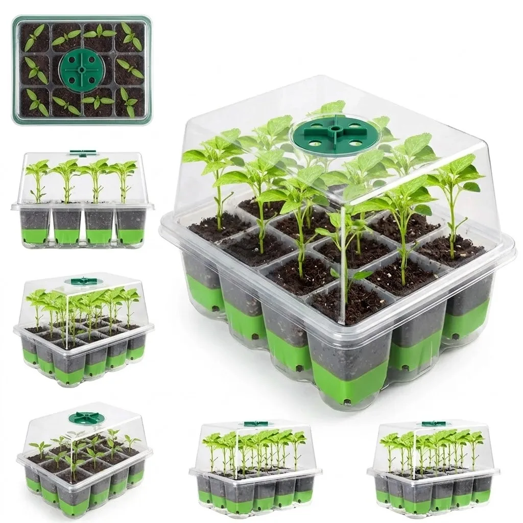 Seed Starter Tray - 透明カバー付きで湿度調整が可能な、12マスの育苗トレー。室内の温室での発芽に最適。
