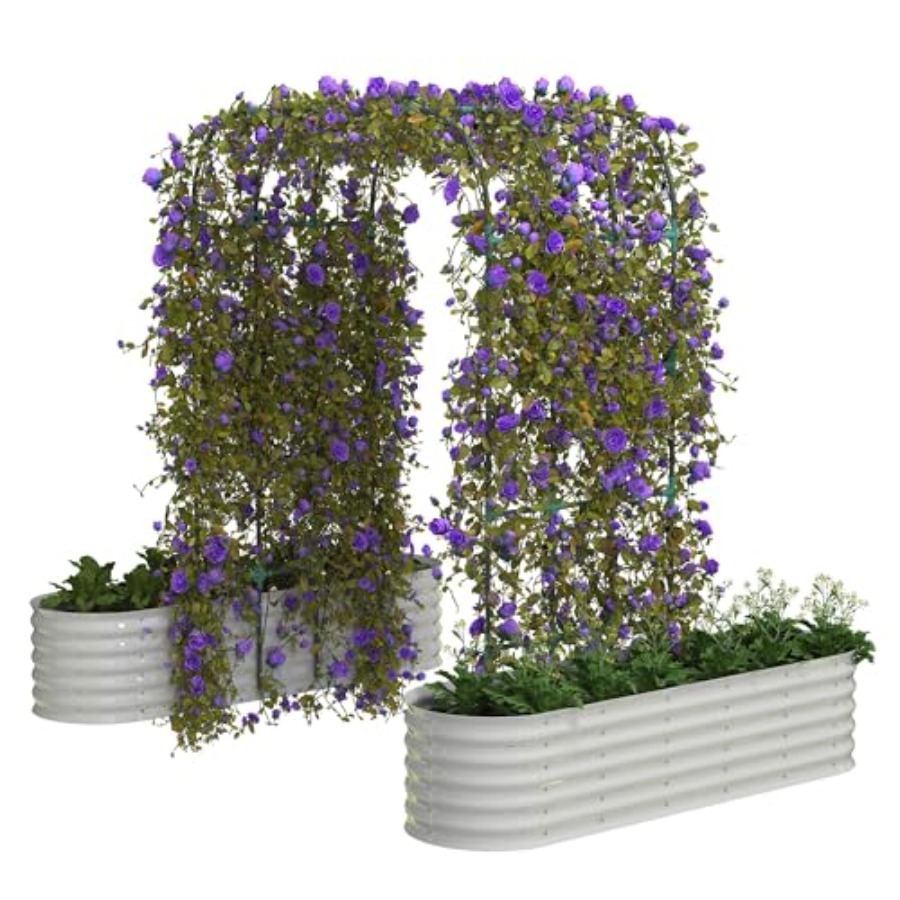 Raised Garden Bed - 屋外で使用できる、亜鉛メッキ加工を施した高さのあるプランターボックス。96本の垂直アーチ型支柱付き。亜鉛メッキ鋼製で、銀色。錆びにくく、頑丈。