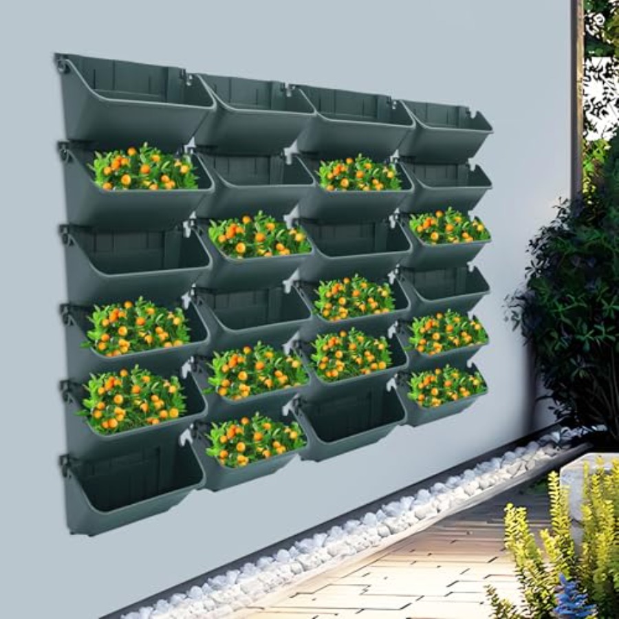Vertical Planter - 屋内バルコニーや庭用の垂直型プランター、耐久性のあるプラスチック製、黒色、省スペース設計で24個の鉢を収納可能