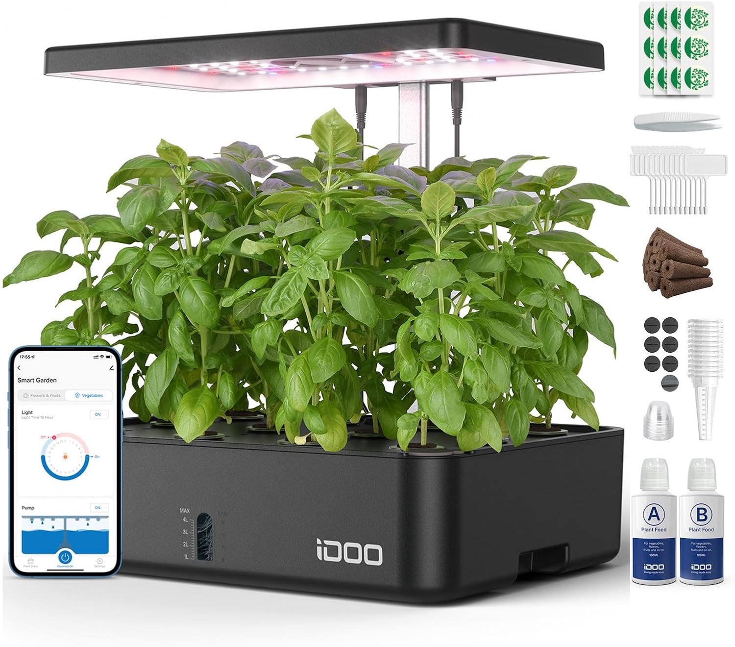 Hydroponic Kit - 12ポッドWiFi水耕栽培システム 室内ガーデンハーブキット LED育成ライト 自動タイマー ポンプファン 高さ調整可能